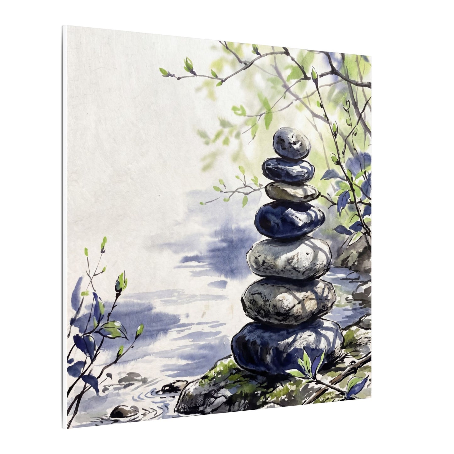 River Stones Sumi E Canvas Art | Serene Zen Art