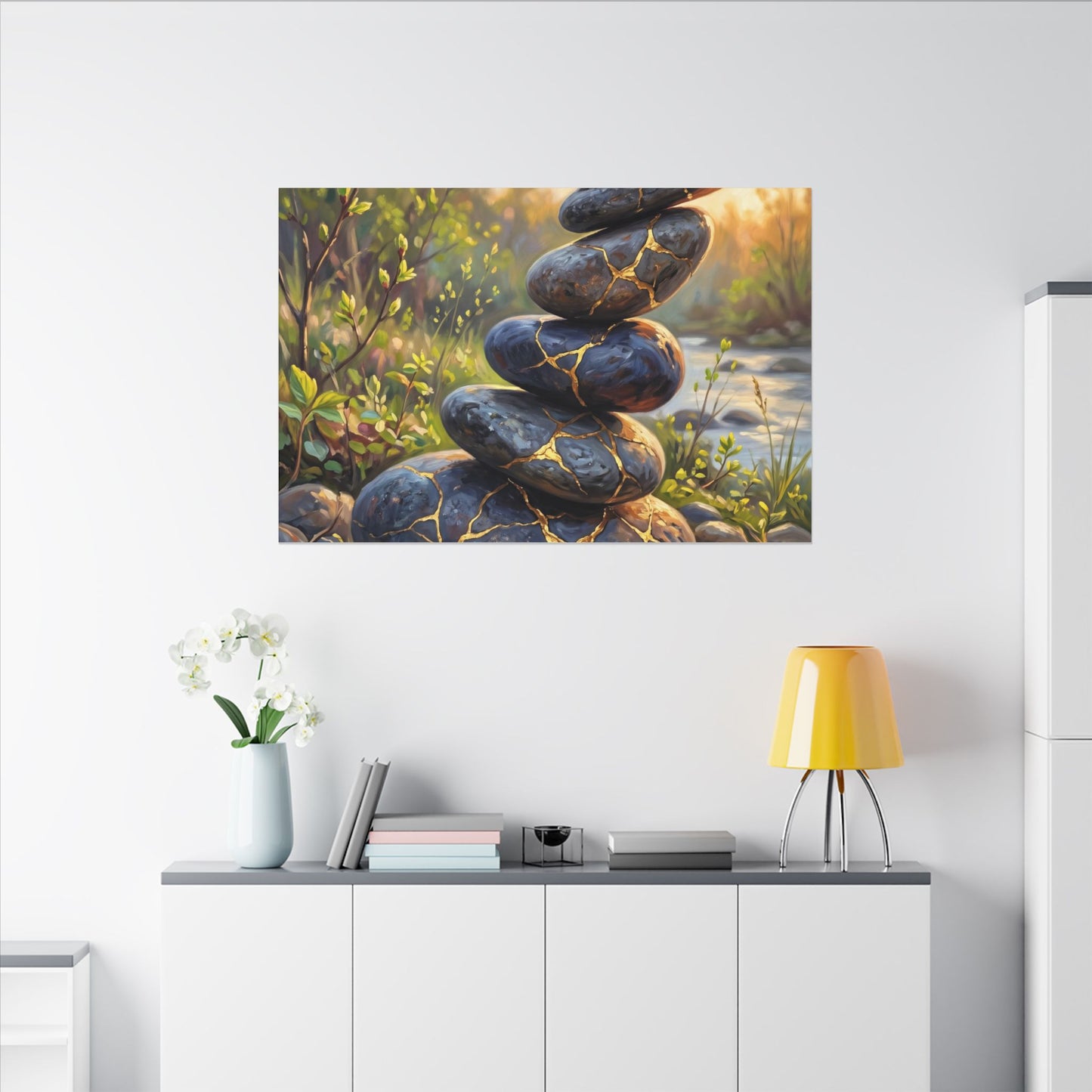 Spring River Stones Gold Repair Canvas Art | Healing Decor