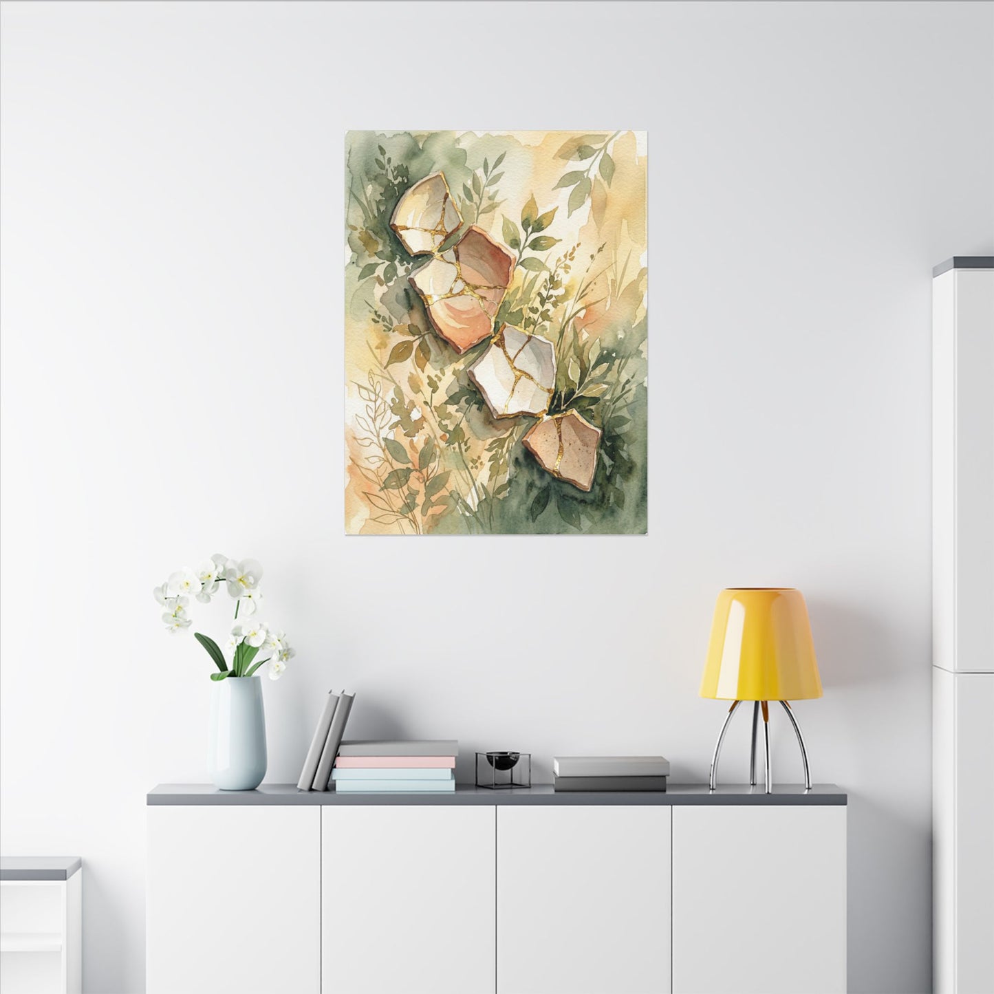 Japandi Broken Pottery in Golden Hour | Watercolor Canvas Art