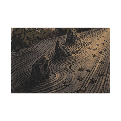 Rock Garden Canvas Art | Autumn Dark Japandi Charcoal Ink Art