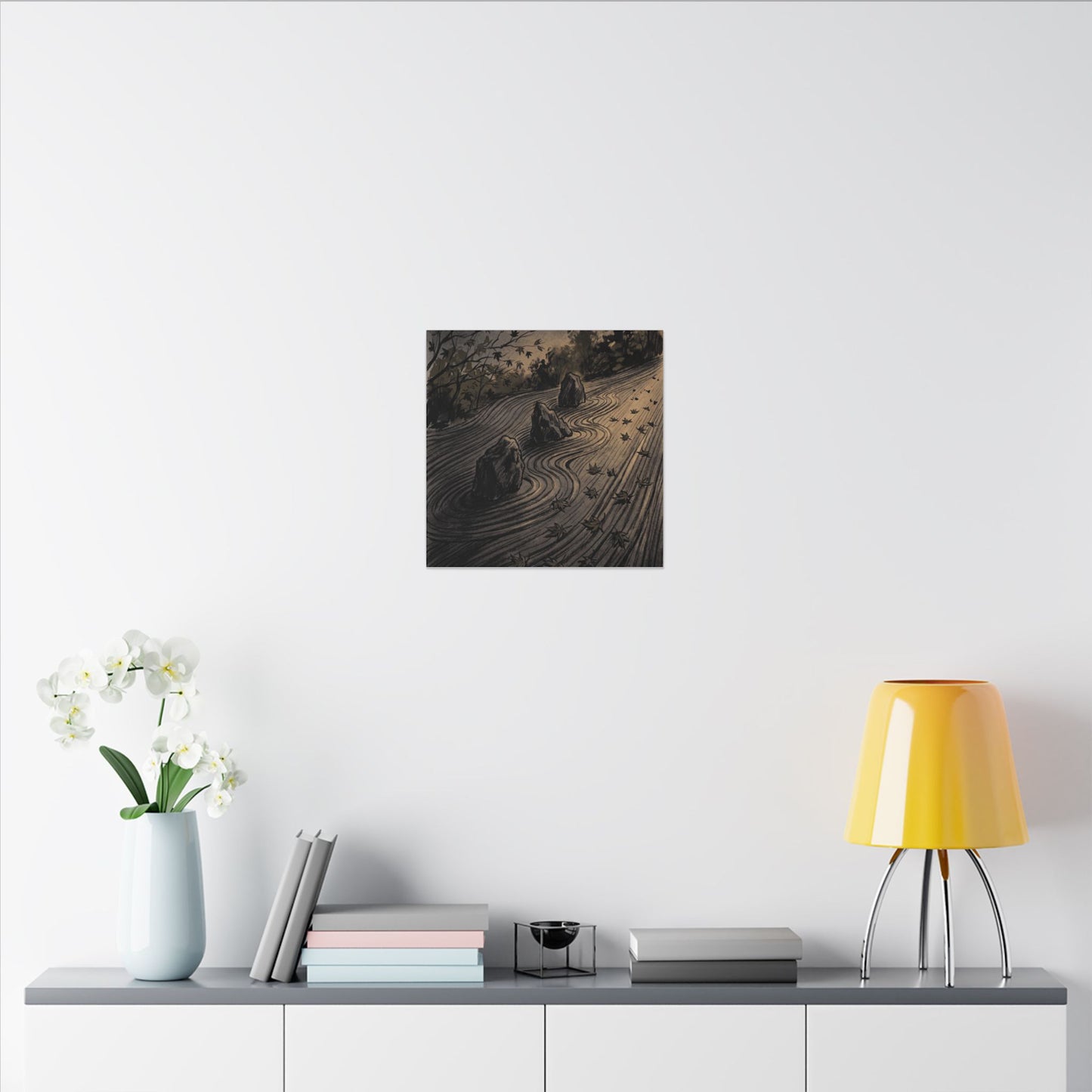 Rock Garden Canvas Art | Autumn Dark Japandi Charcoal Ink Art