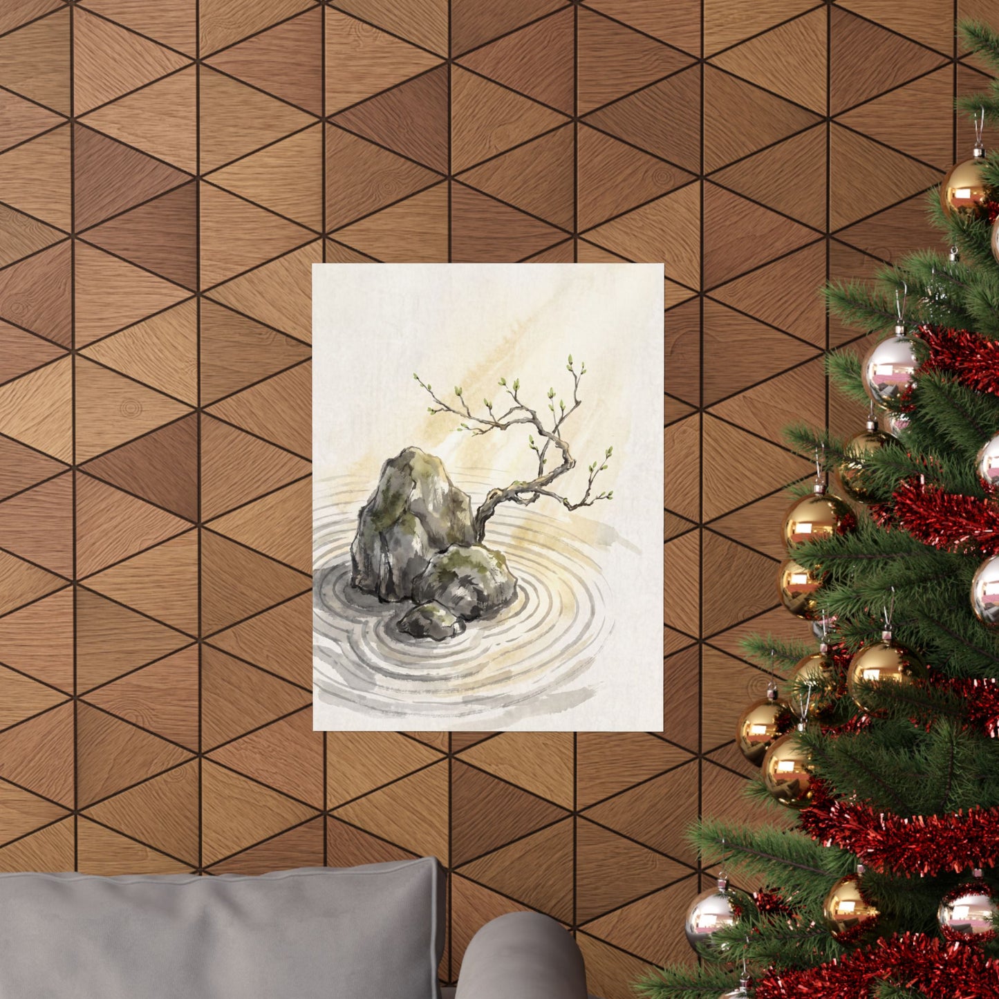 Zen Rock Garden in Golden Hour | Sumi E Wall Art Print