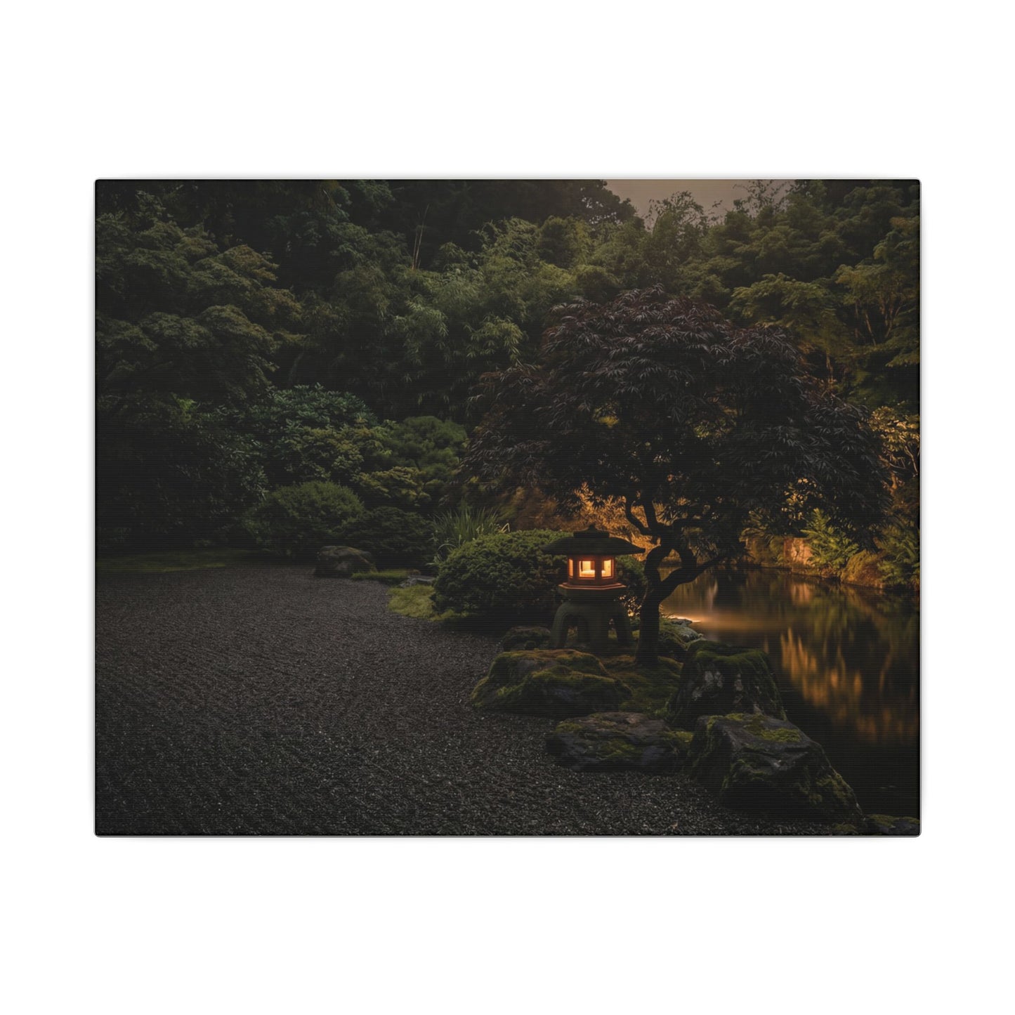 Dark Japandi Moonlit Garden in Golden Hour | Moody Minimal Canvas Art