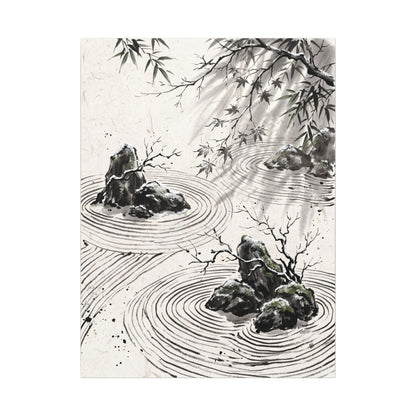Rock Garden Canvas Art | Winter Zen Sumi E Art