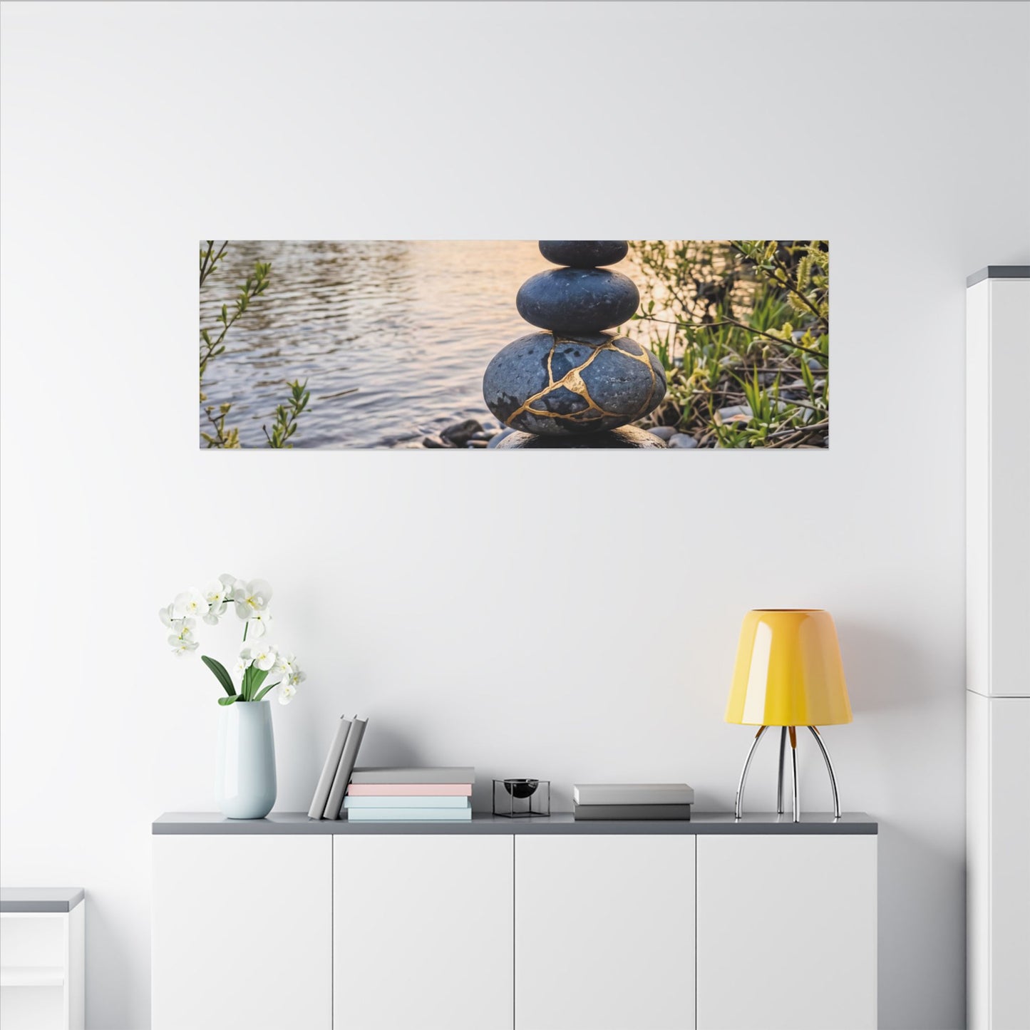 Kintsugi River Stones in Golden Hour | Gold Vein Canvas Art
