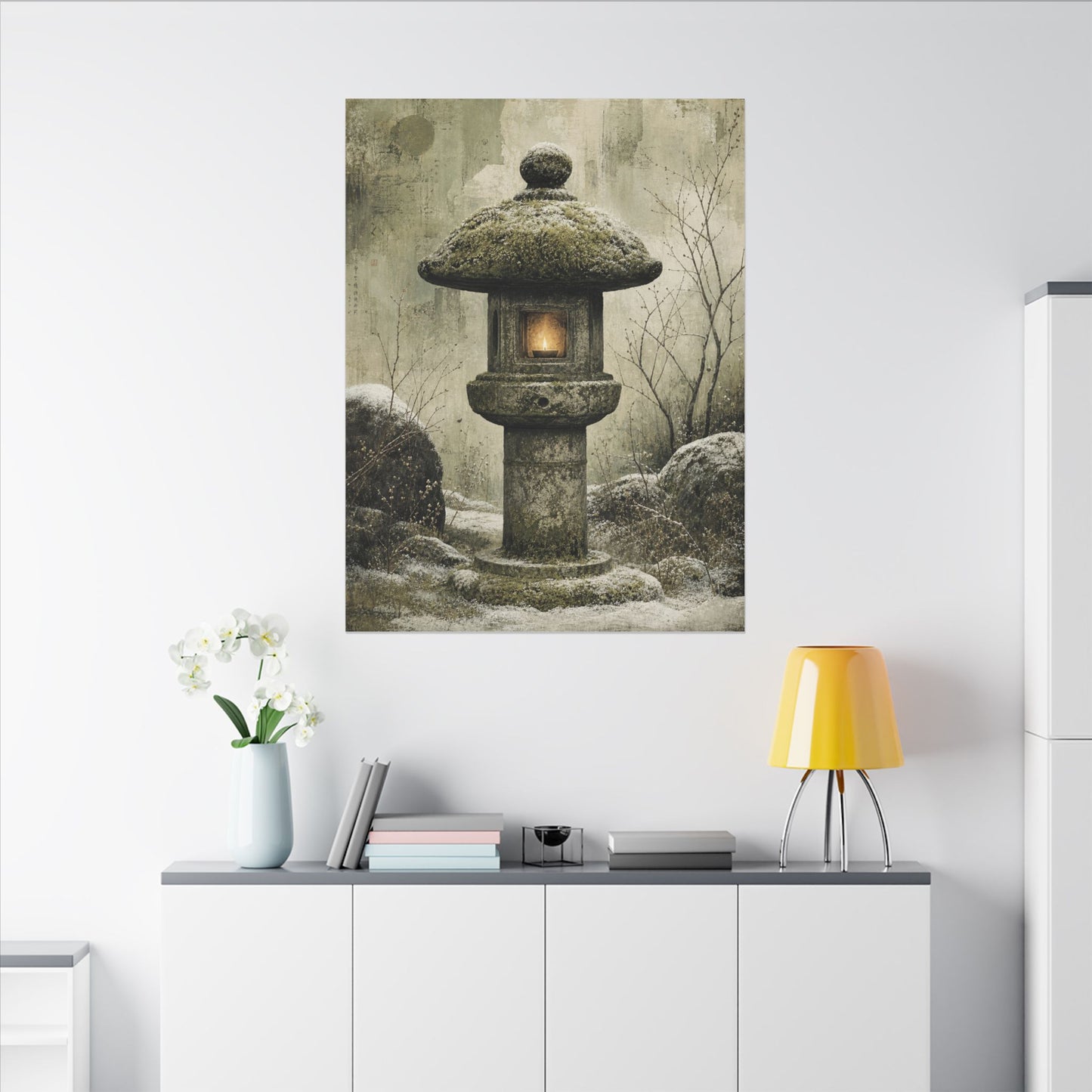 Stone Lantern Winter Canvas Art | Japandi Neutral Design