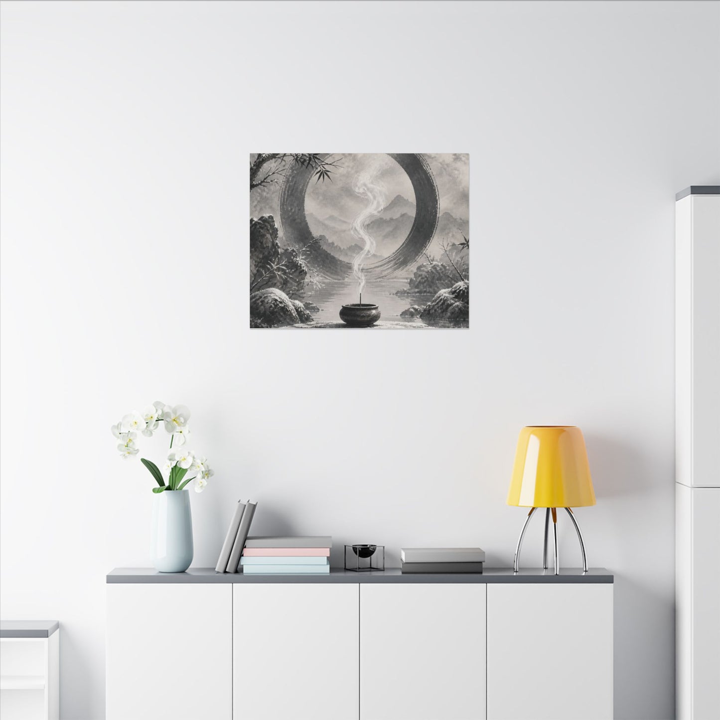 Incense Smoke Canvas Art | Winter Zen Sumi E Art
