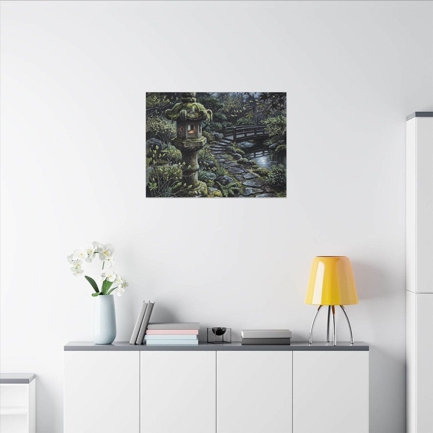 Japandi Stone Lantern in Moonlight | Texture Canvas Art