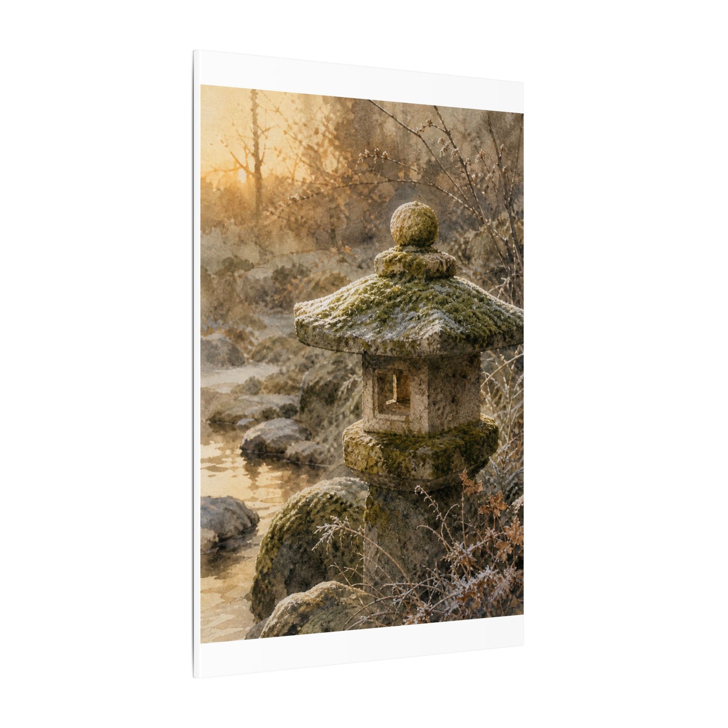 Winter Stone Lantern Watercolor Canvas Art | Earthy Decor