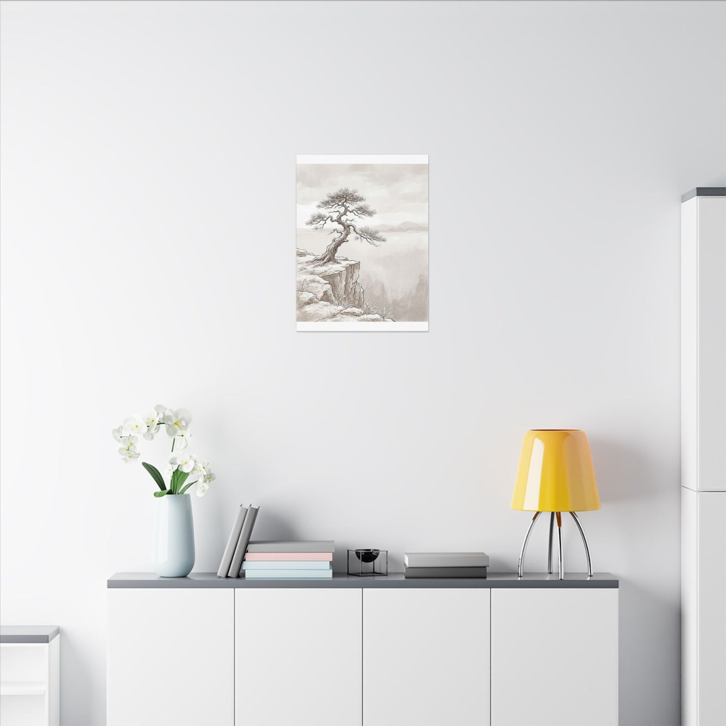 Neutral Pine Tree Canvas Art - Minimal Line Japandi