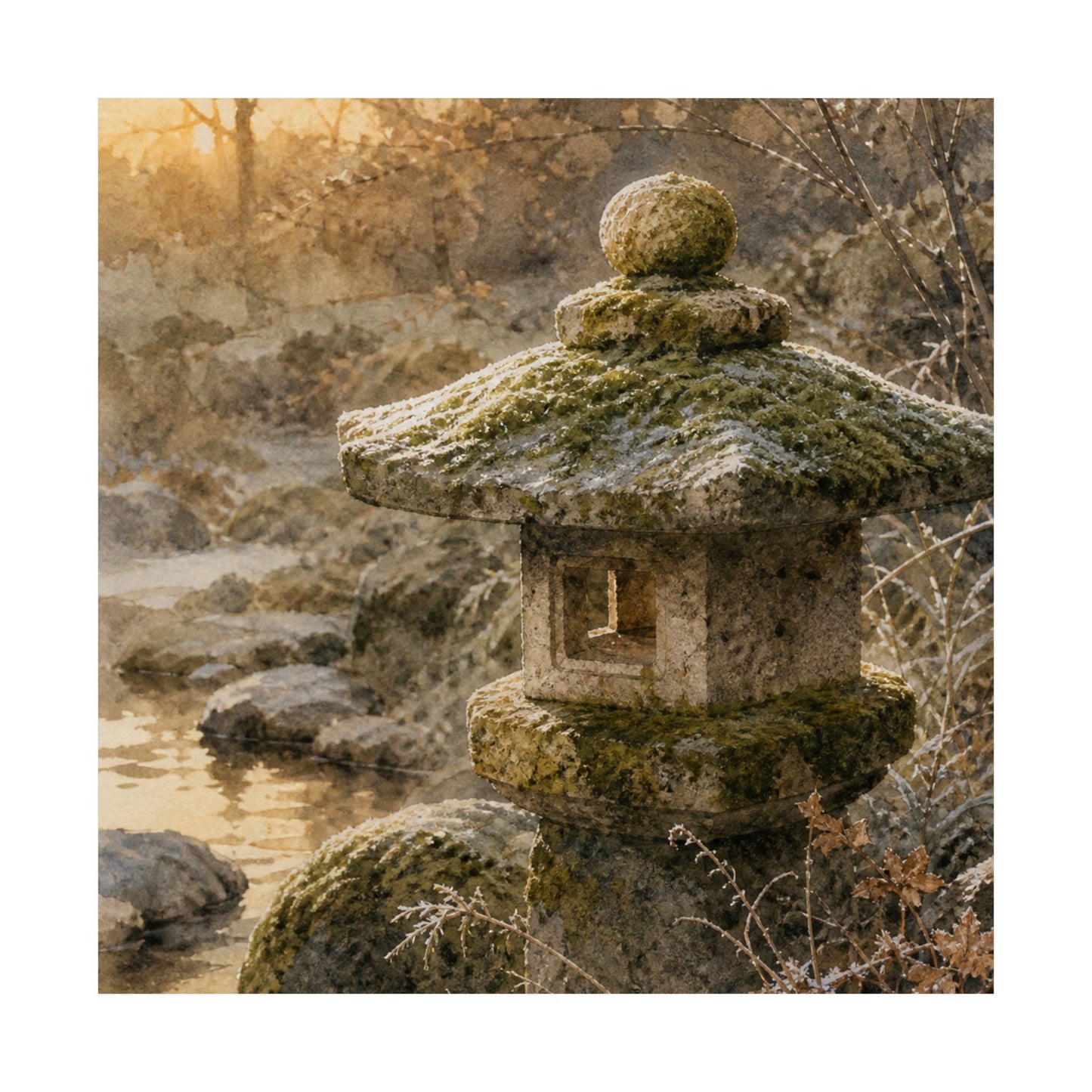 Winter Stone Lantern Watercolor Wall Art Print | Neutral Decor