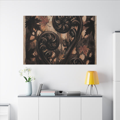 Mono No Aware Fern Unfurling Canvas Art - Dark Japandi Charcoal Ink
