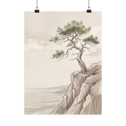 Neutral Pine Tree Wall Art Print - Minimal Line Japandi
