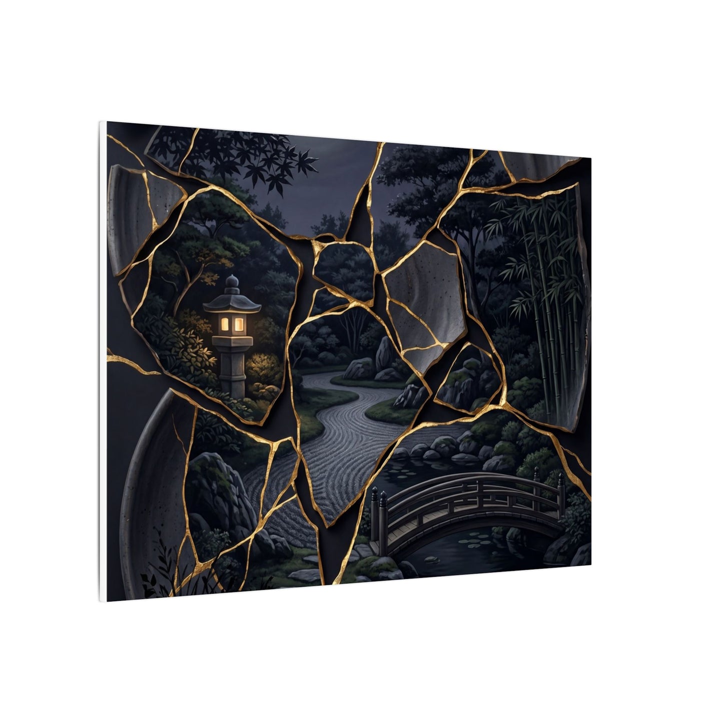 Kintsugi Moonlit Garden in Golden Hour | Gold Repair Canvas Art