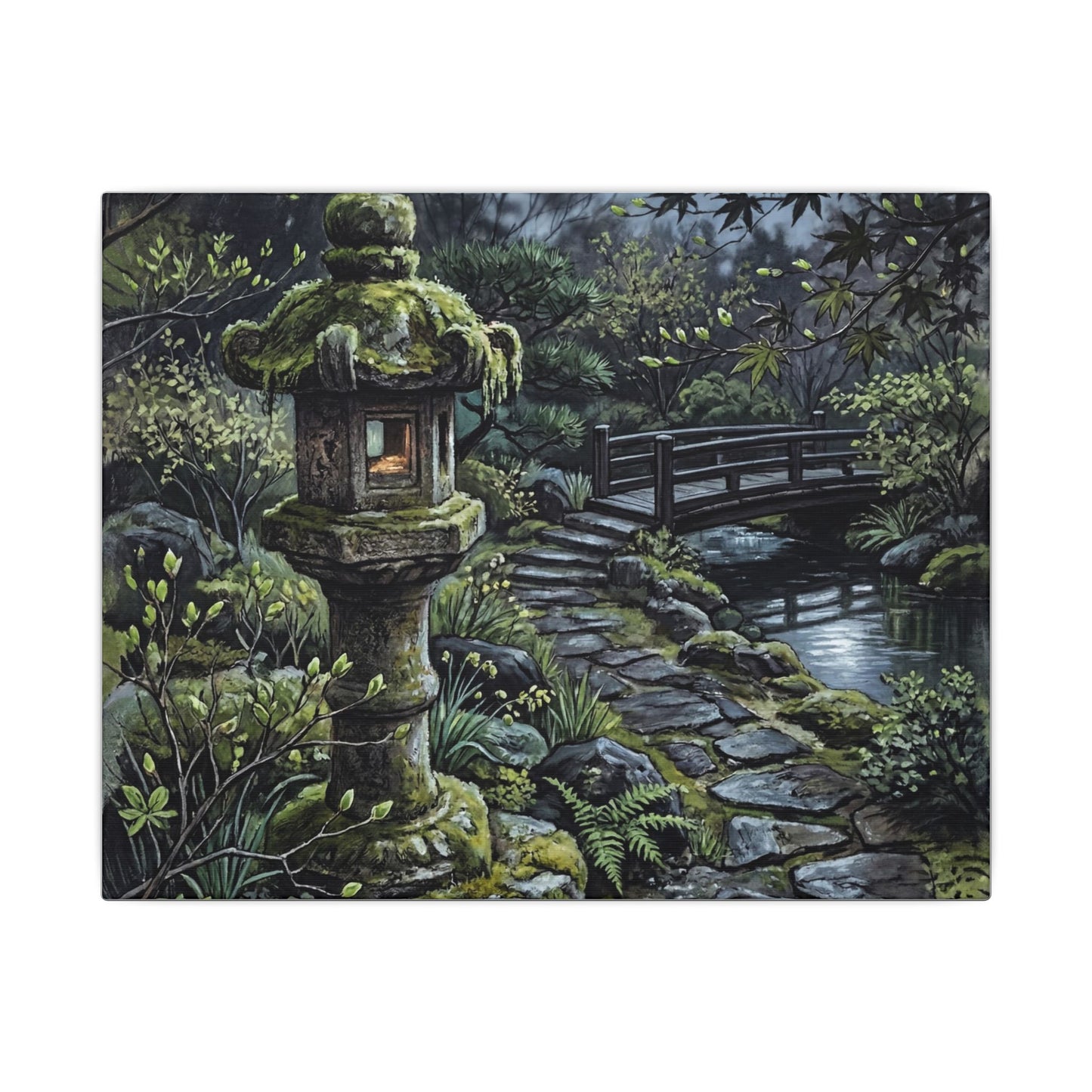 Japandi Stone Lantern in Moonlight | Texture Canvas Art