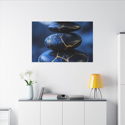 River Stones Canvas Art | Winter Kintsugi Gold Repair Art