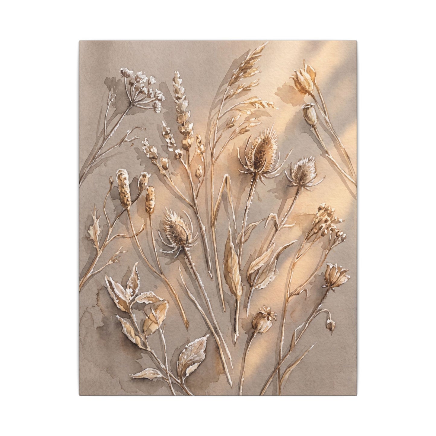 Japandi Dried Flowers in Golden Hour | Watercolor Canvas Art