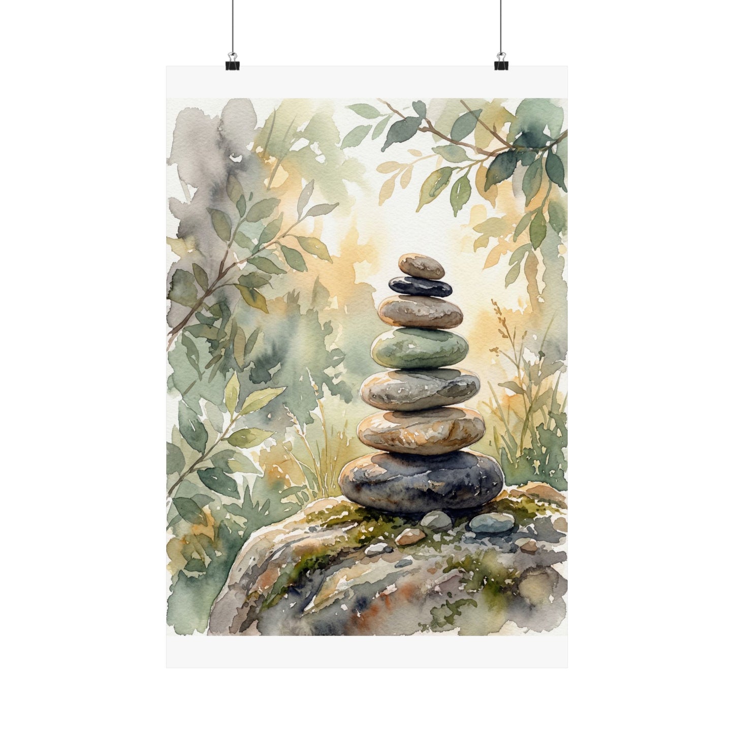 River Stones Wall Art Print | Summer Japandi Watercolor Art Art Print