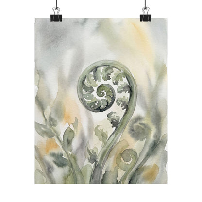 Fern Unfurling Watercolor Wall Art Print | Earthy Japandi Art