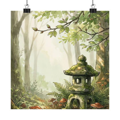 Spring Stone Lantern Mushroom Illustration Wall Art Print | Earthy Decor