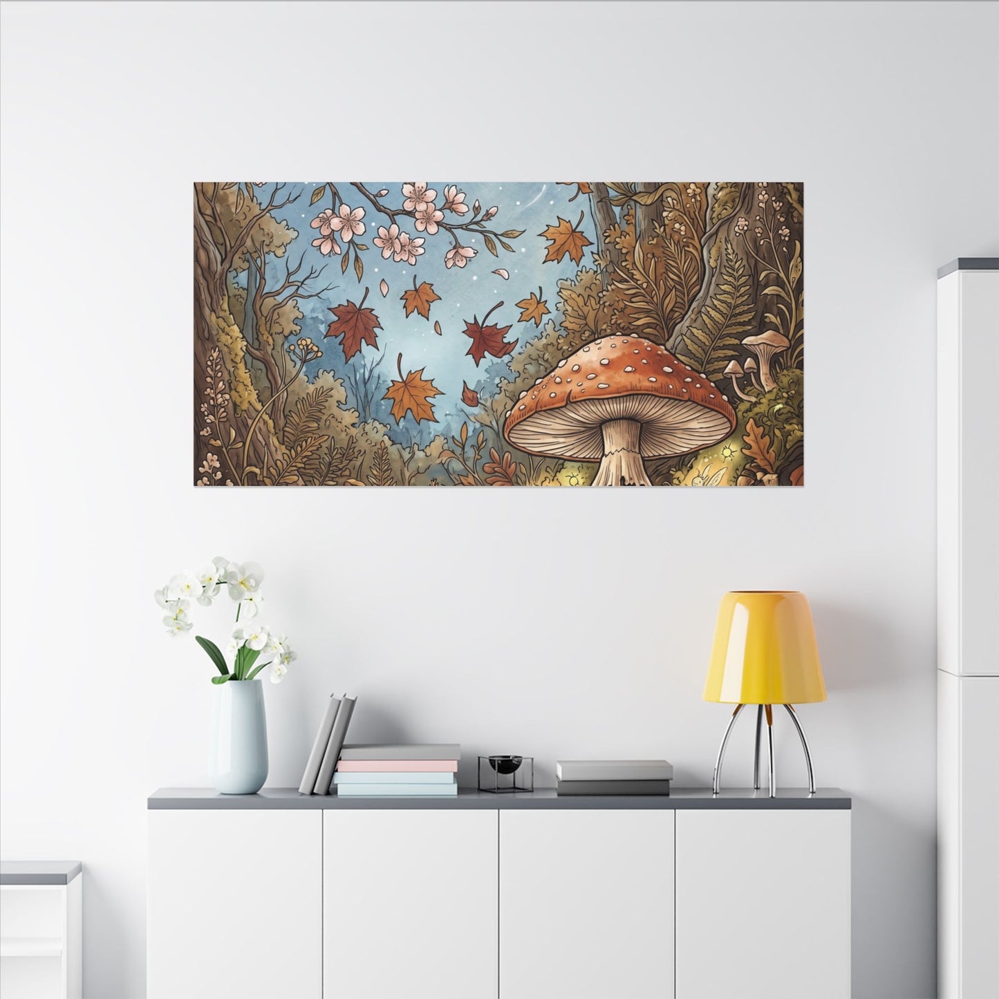 Autumn Cherry Blossom Mushroom Illustration Canvas Art | Enchanting Decor