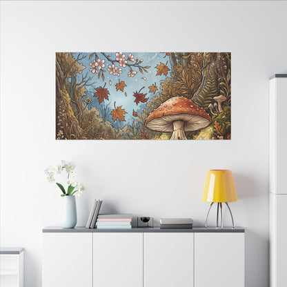 Autumn Cherry Blossom Mushroom Illustration Canvas Art | Enchanting Decor