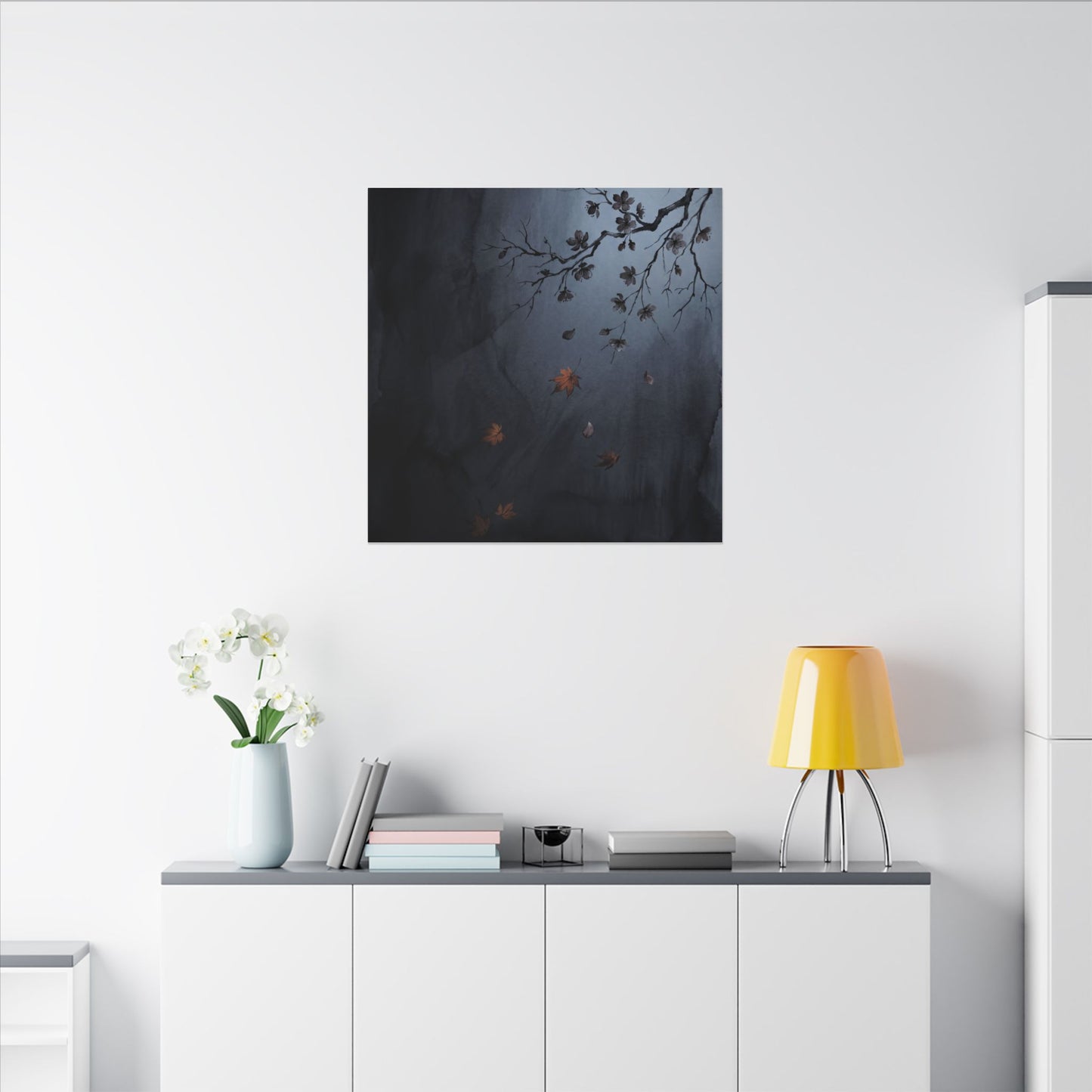Autumn Cherry Blossom Charcoal Ink Canvas Art | Atmospheric Decor