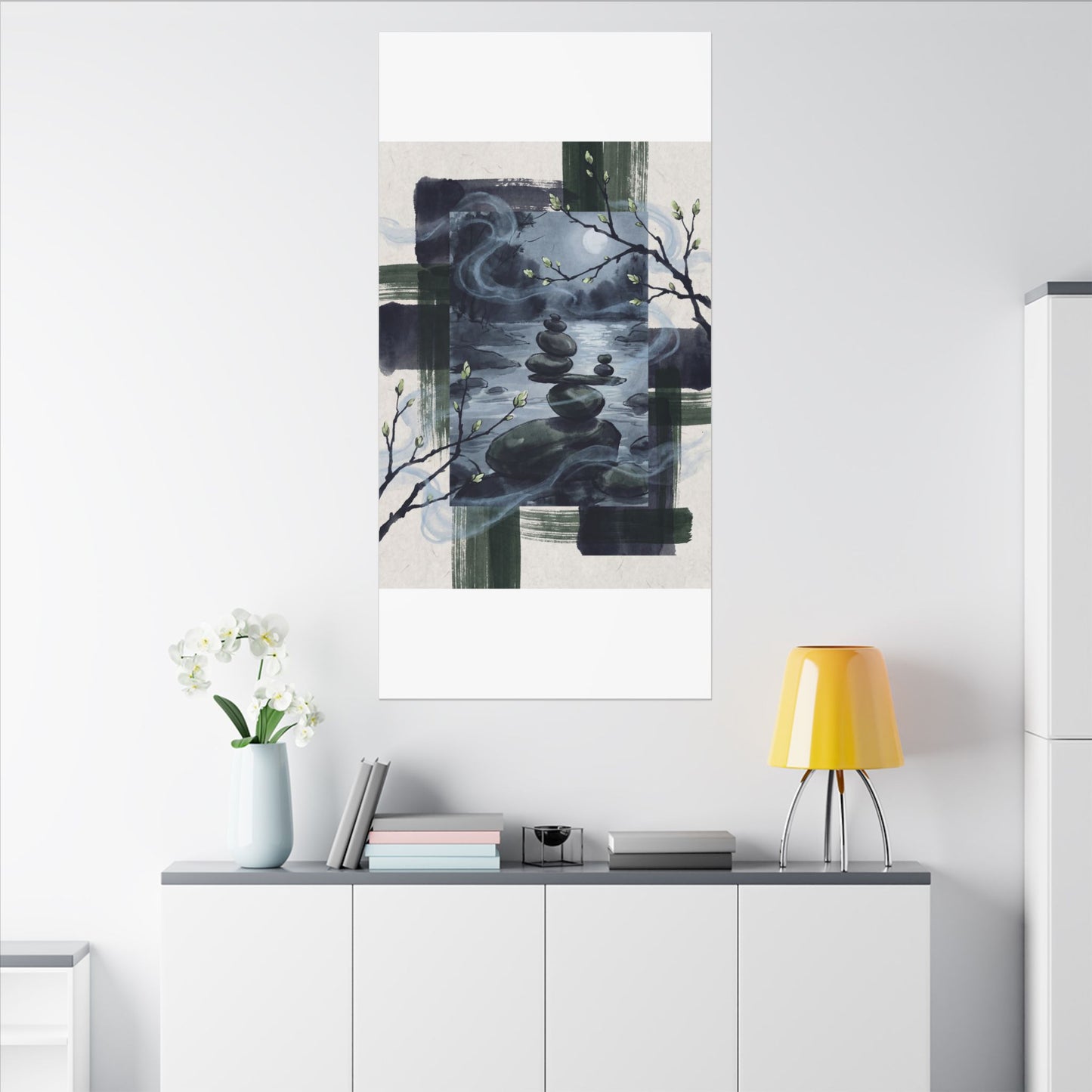 Moonlight River Stones Canvas Art - Zen Shibui