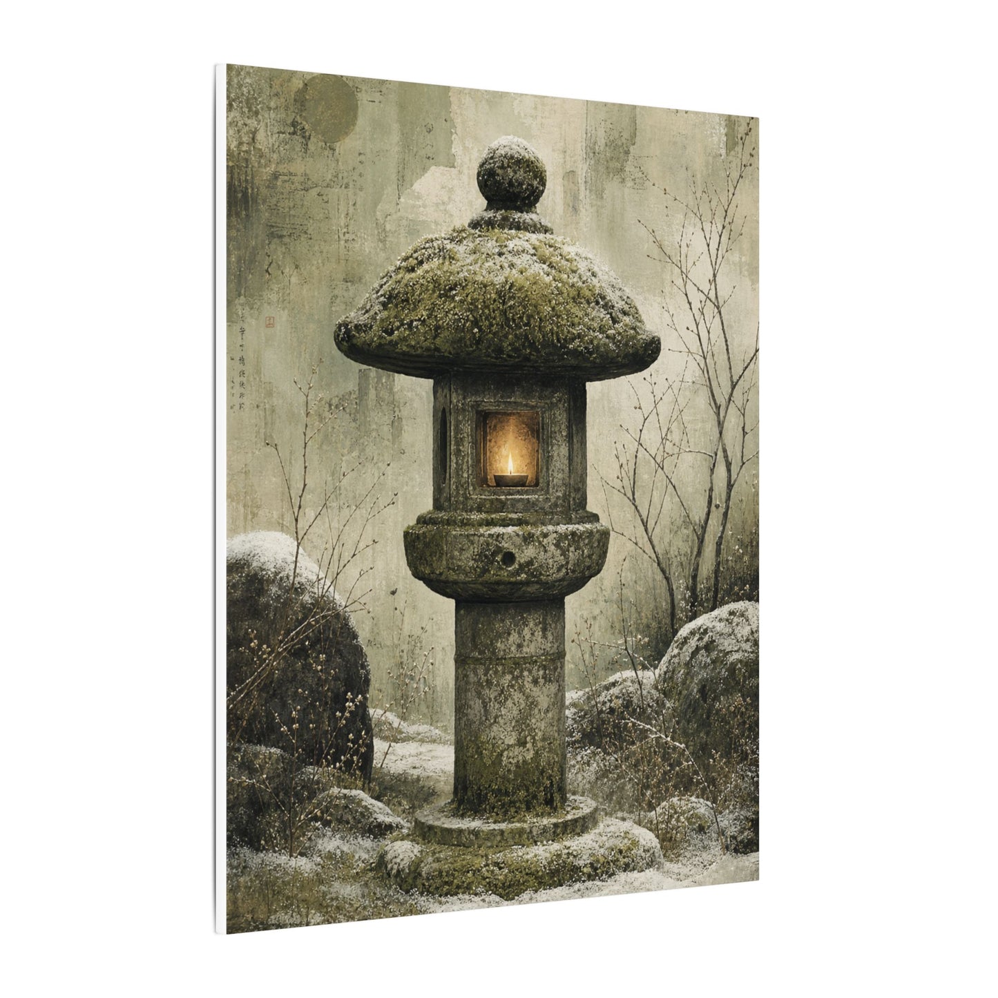 Stone Lantern Winter Canvas Art | Japandi Neutral Design