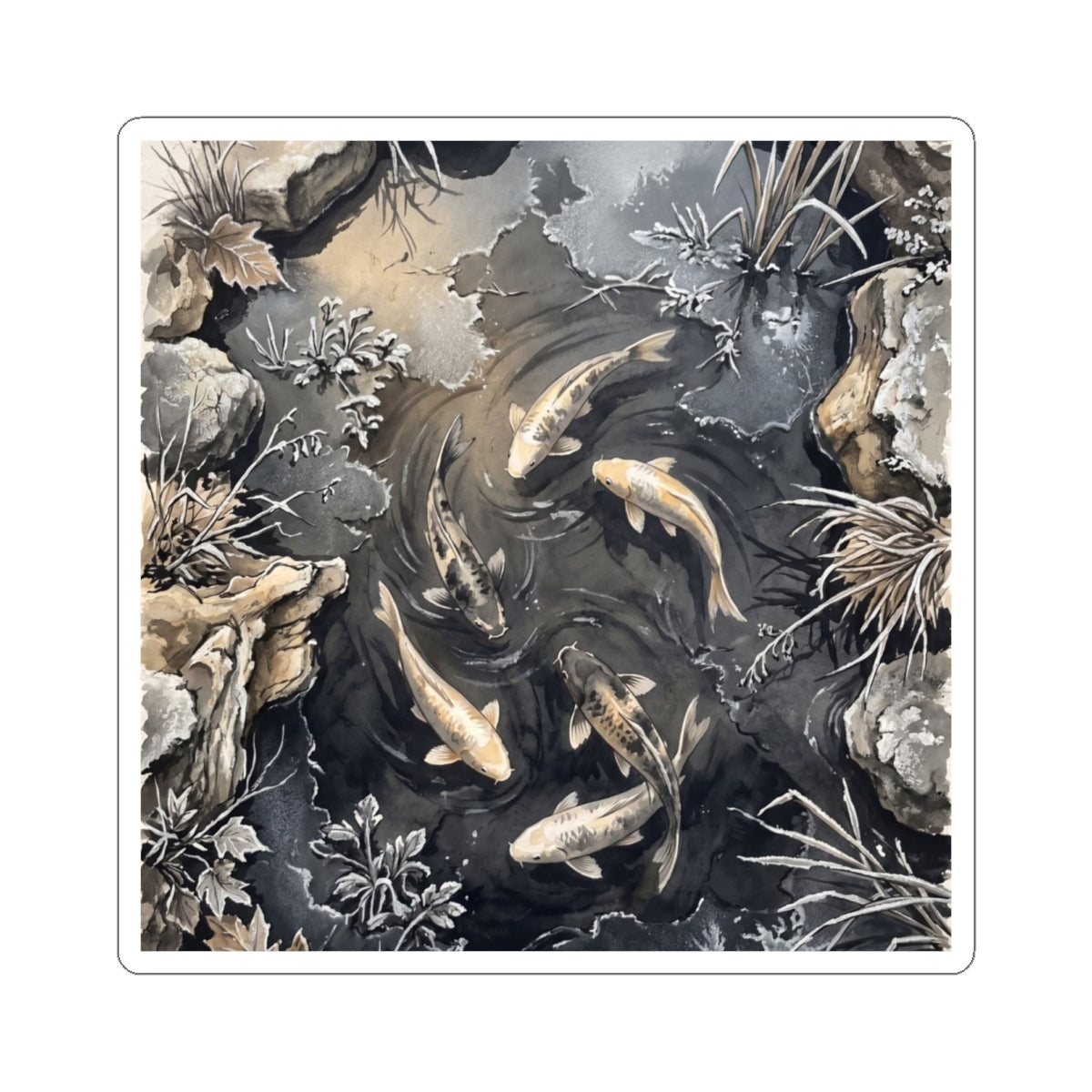 Japandi Koi Pond in Golden Hour | Japanese Pattern Sticker