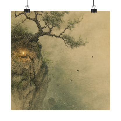 Japandi Pine Tree in Candlelight | Minimal Line Wall Art Print