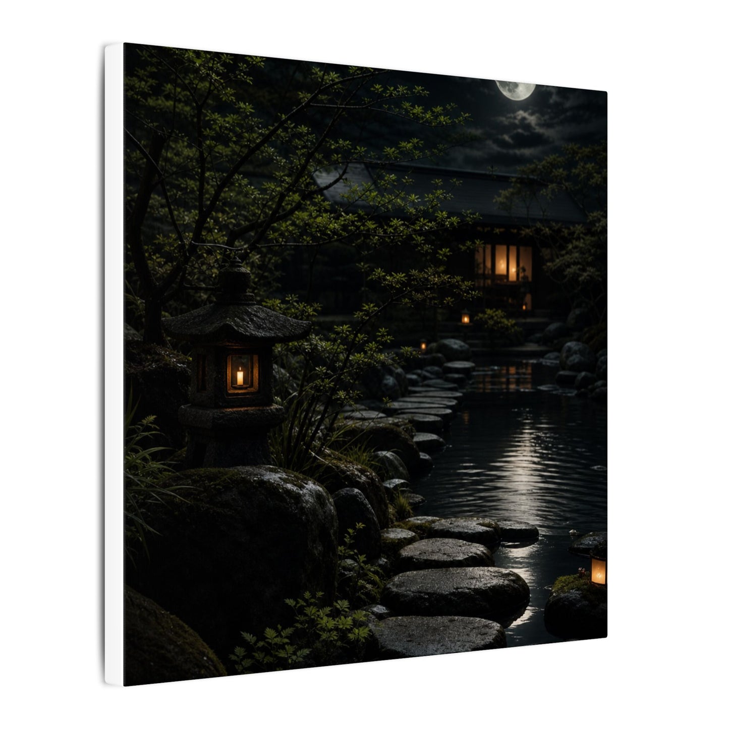 Moonlit Garden Shadow Zen Canvas Art | Sophisticated Dark Japandi Art