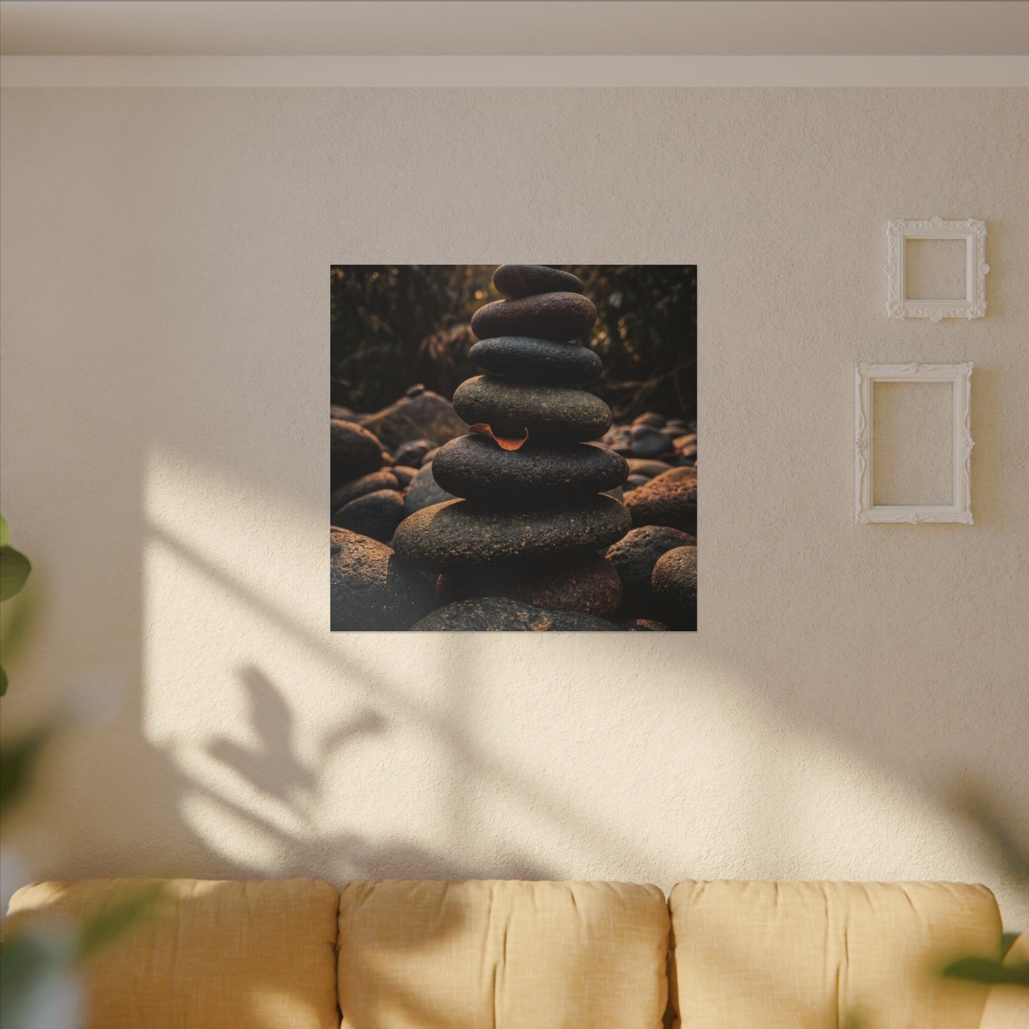 Dark Japandi River Stones in Golden Hour | Moody Minimal Canvas Art