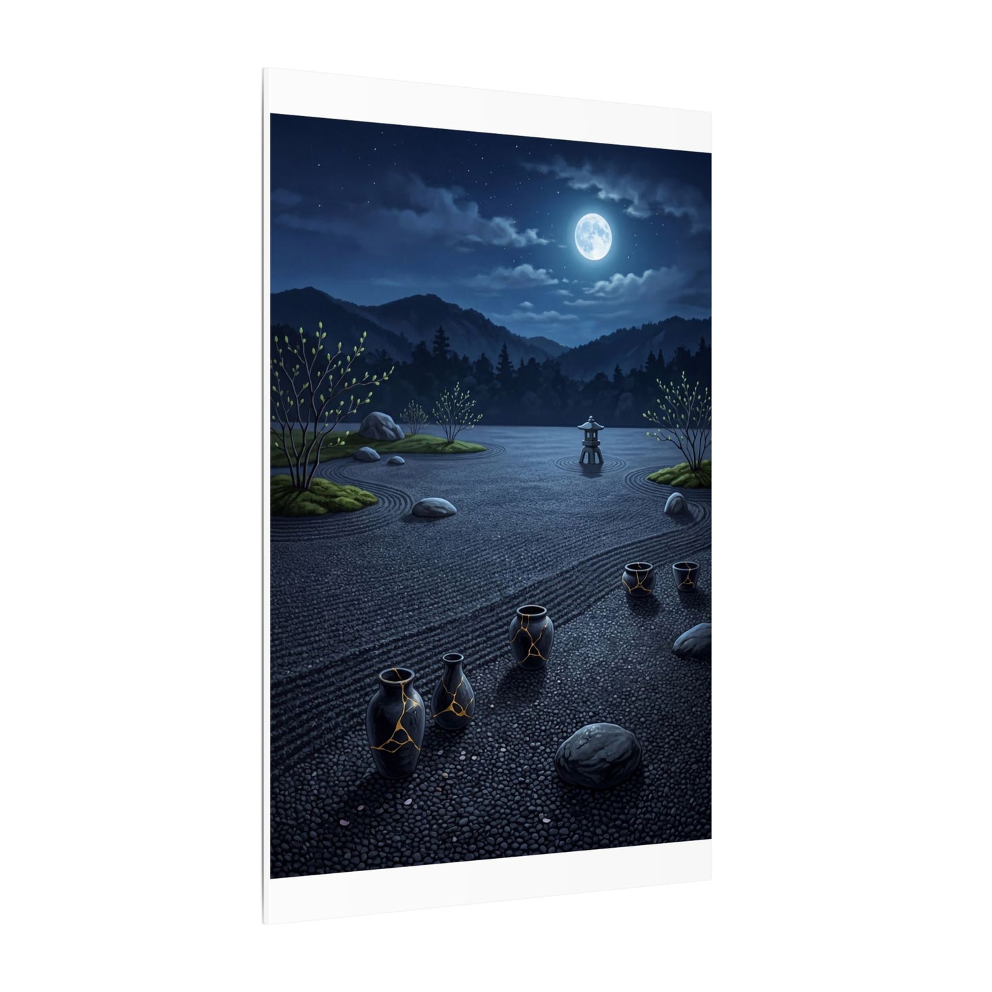Kintsugi Moonlit Garden in Moonlight | Gold Repair Canvas Art