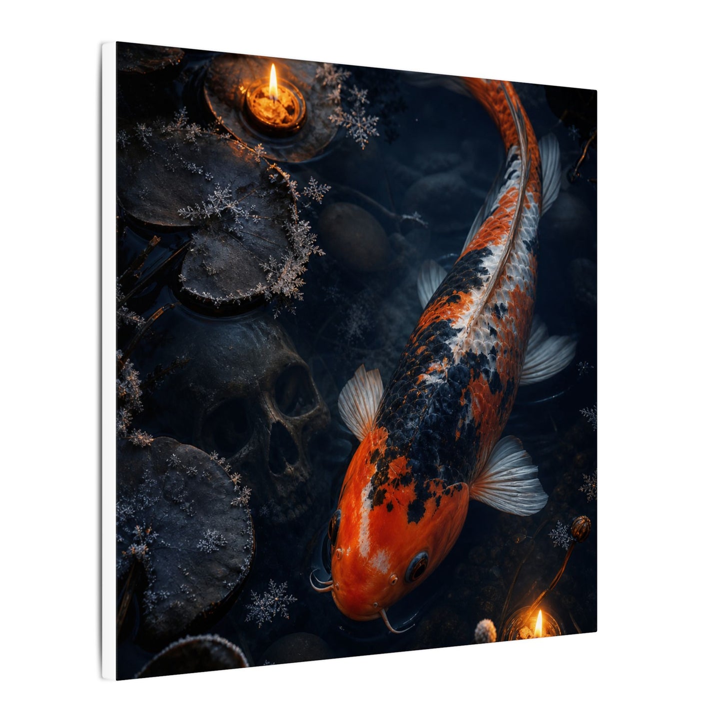 Koi Pond Canvas Art | Winter Dark Japandi Shadow Zen Art