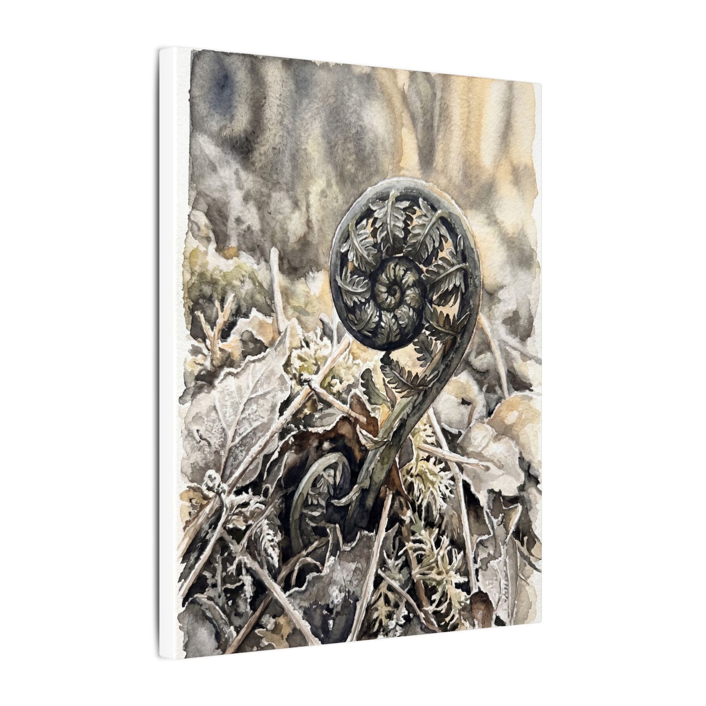 Japandi Fern Unfurling in Golden Hour | Watercolor Canvas Art