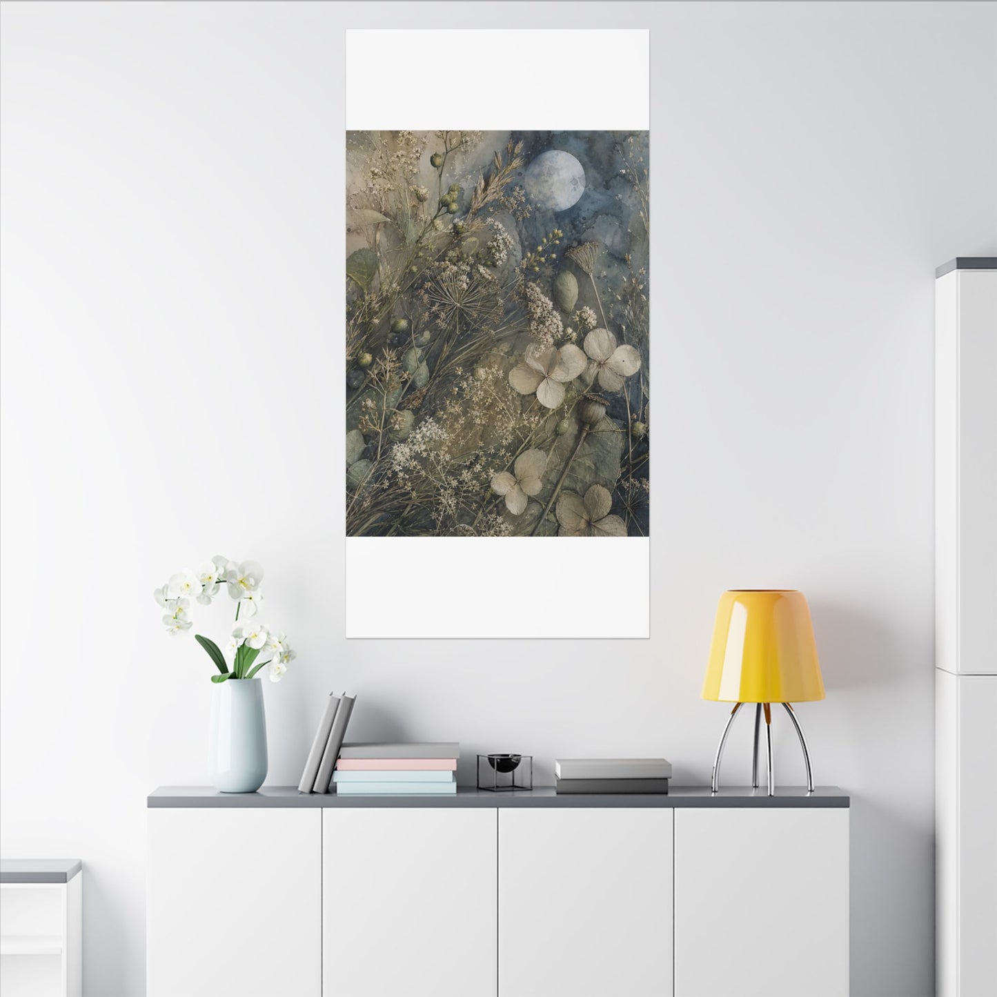 Japandi Dried Flowers in Moonlight | Watercolor Canvas Art