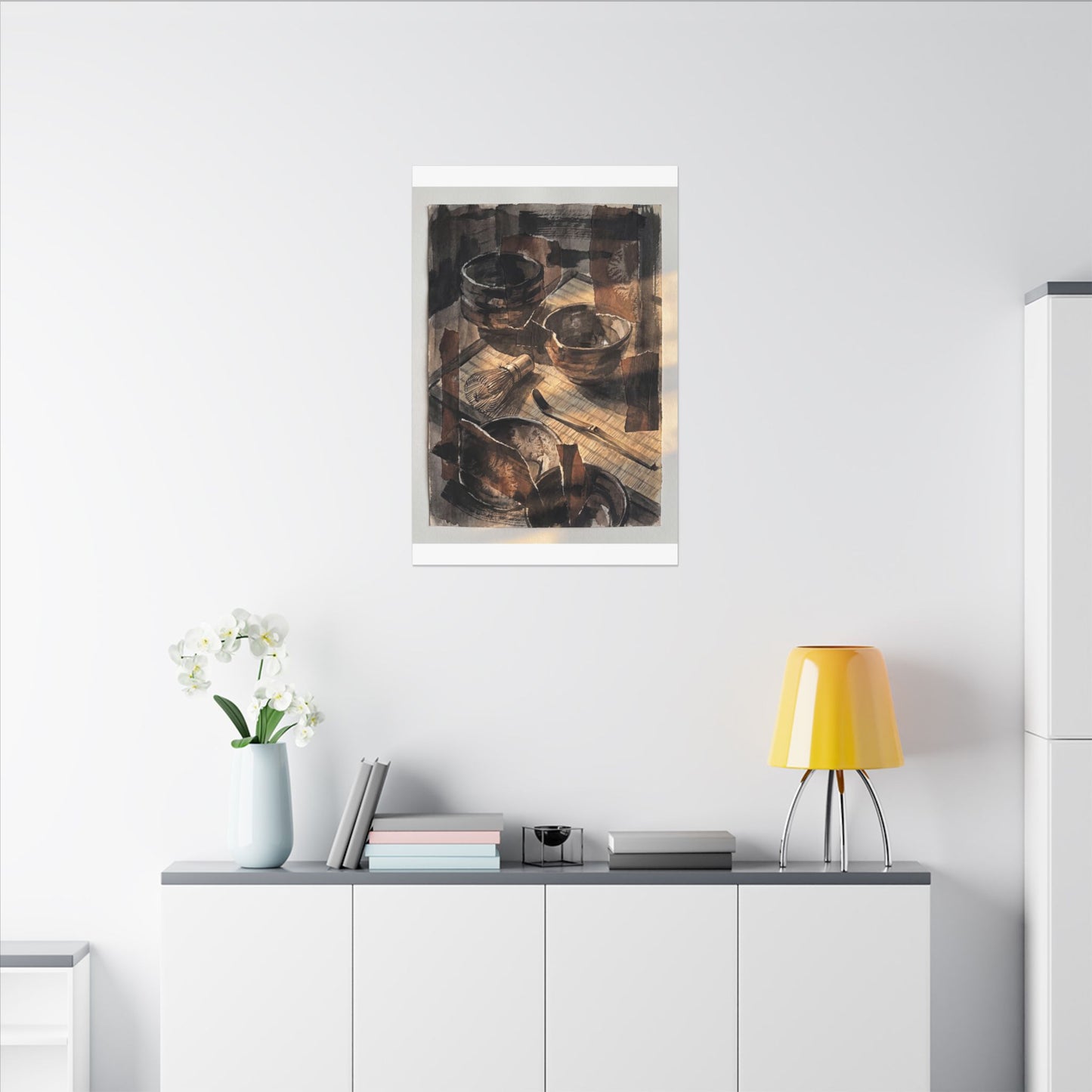 Tea Ceremony Charcoal Ink Canvas Art | Luxurious Dark Japandi Art
