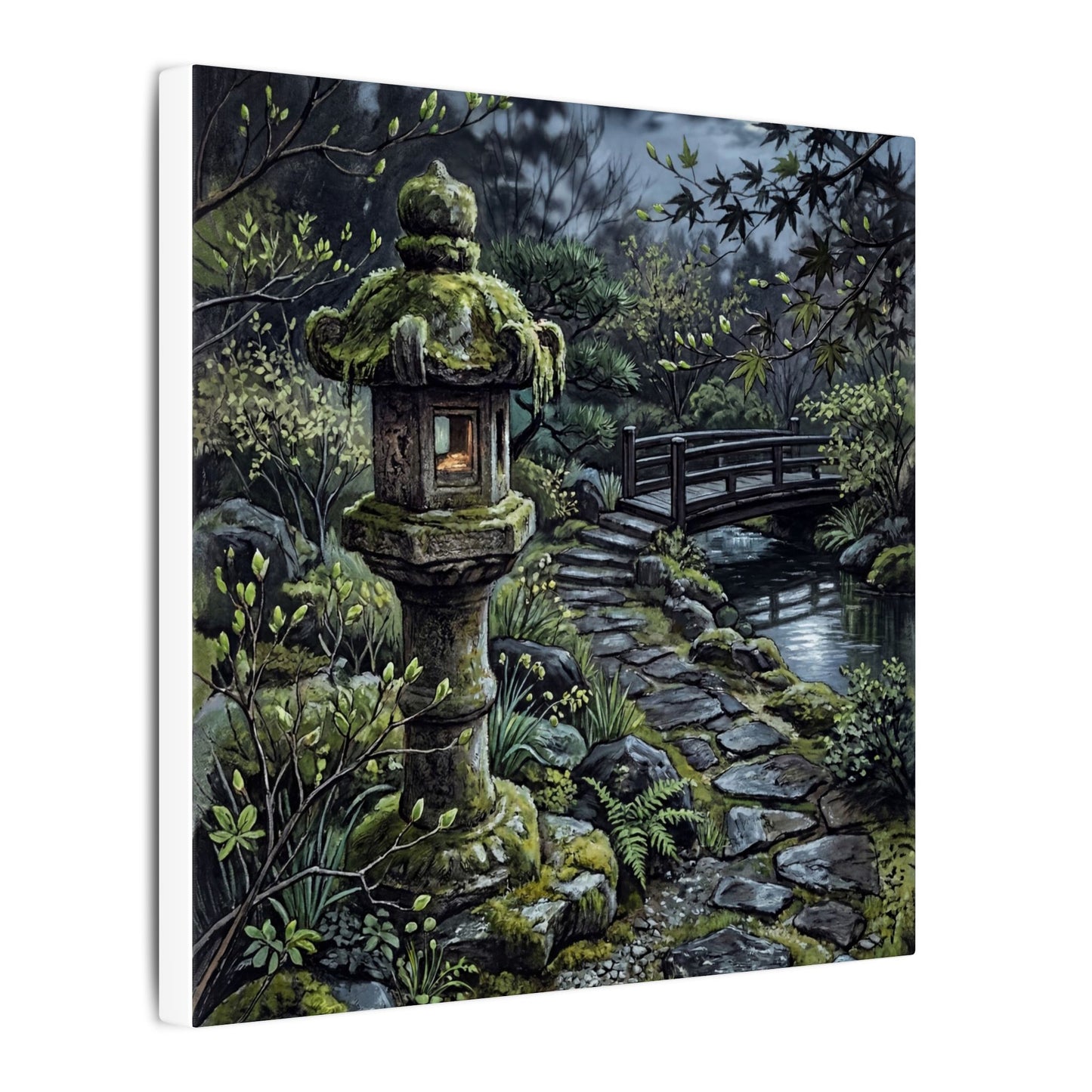Japandi Stone Lantern in Moonlight | Texture Canvas Art