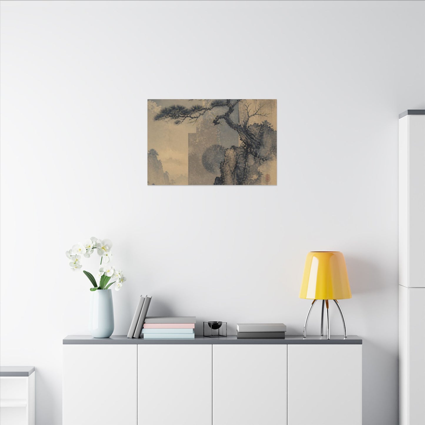Japandi Pine Tree in Moonlight | Japanese Pattern Canvas Art