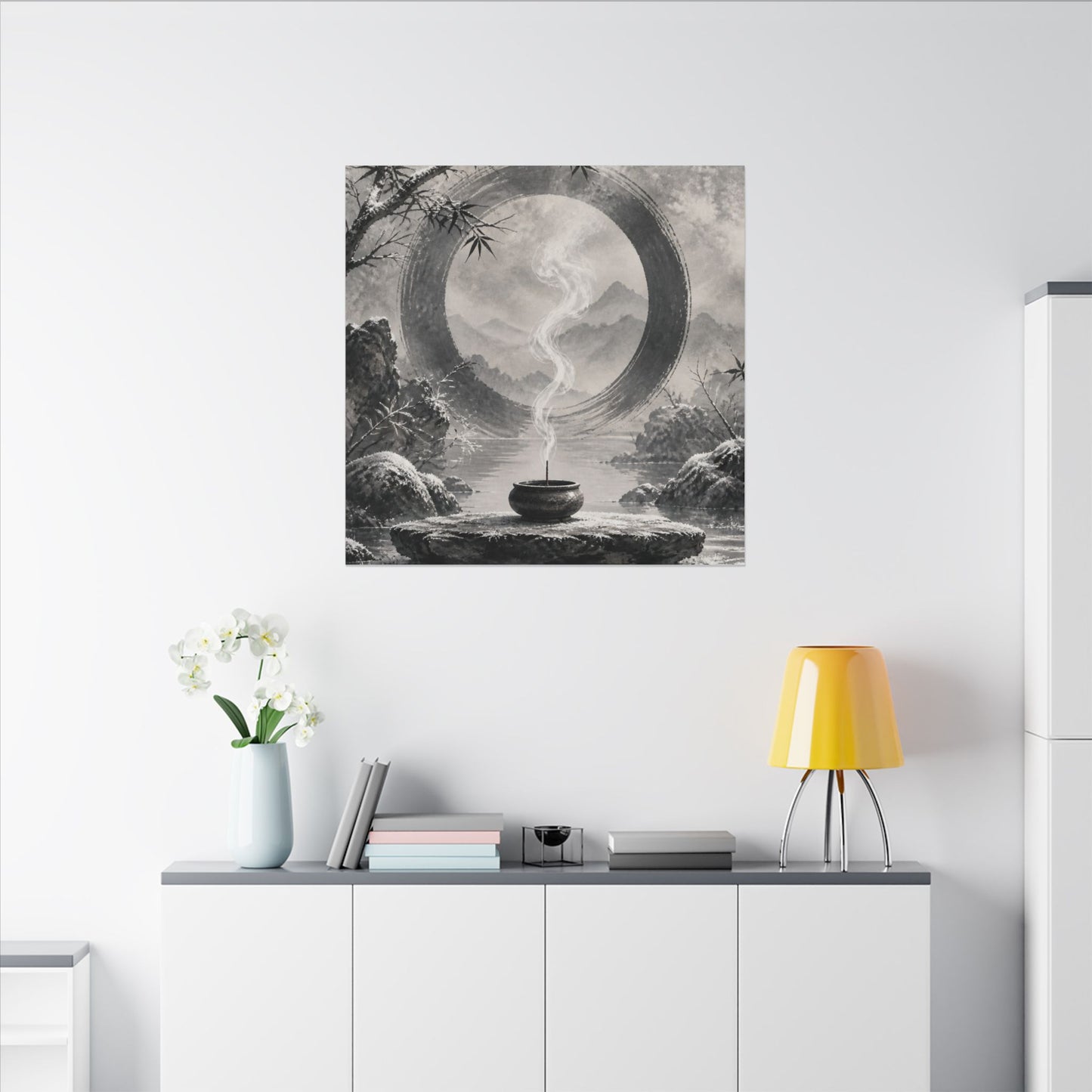 Incense Smoke Canvas Art | Winter Zen Sumi E Art
