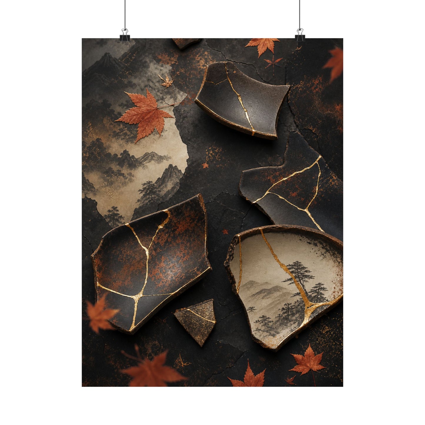 Broken Pottery Wall Art Print | Autumn Kintsugi Gold Vein Art
