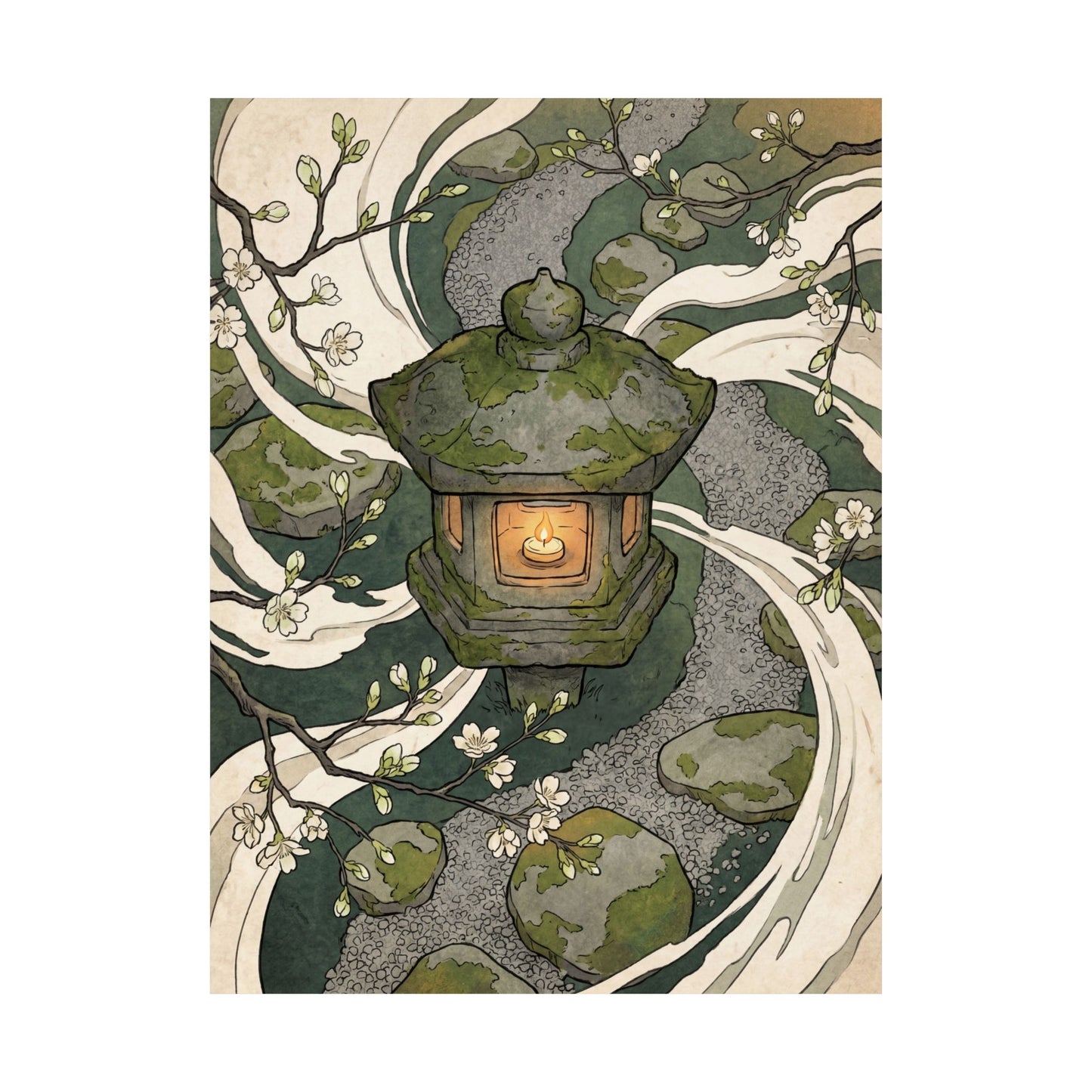 Stone Lantern Spring Wall Art Print | Zen Contemplative Design