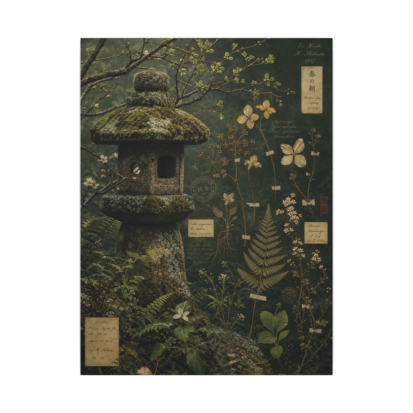 Spring Stone Lantern Herbarium Canvas Art | Nostalgic Decor