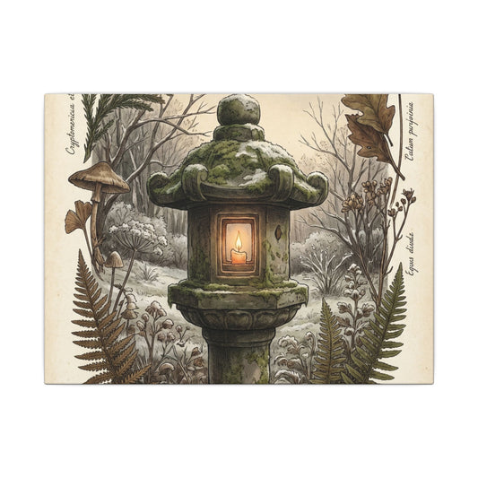 Cottagecore Stone Lantern in Candlelight | Herbarium Canvas Art Art Print