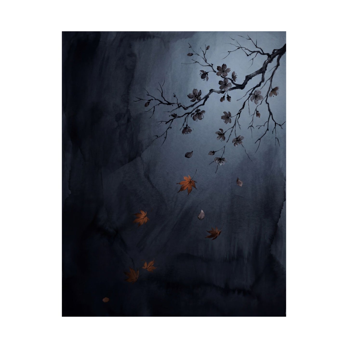 Moonlight Cherry Blossom Wall Art Print - Dark Japandi Ma