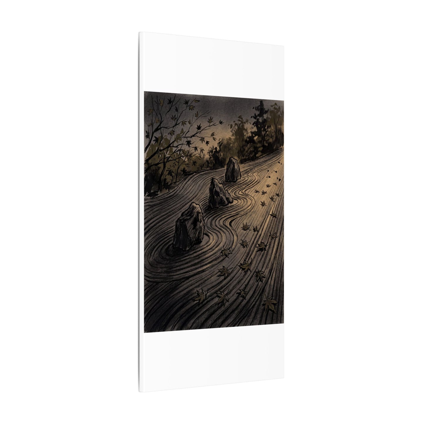 Rock Garden Canvas Art | Autumn Dark Japandi Charcoal Ink Art