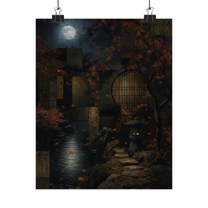 Moonlit Garden Shadow Zen Wall Art Print | Moody Dark Japandi Art