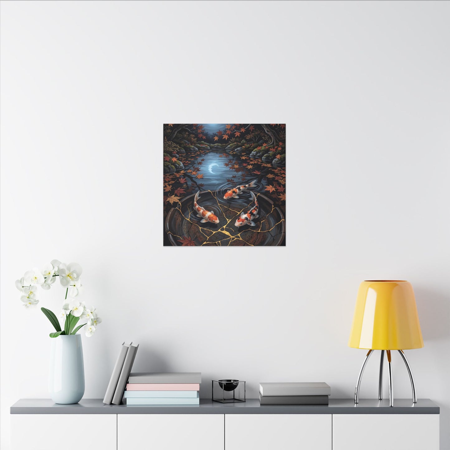 Koi Pond Canvas Art | Autumn Kintsugi Gold Repair Art