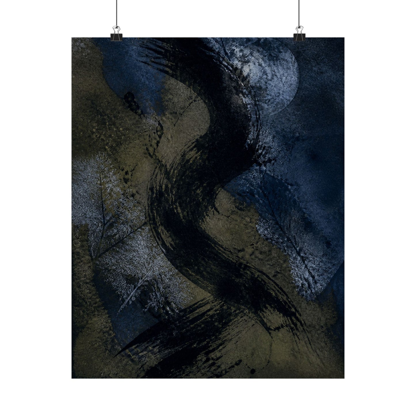 Ink Brushstroke Winter Wall Art Print | Dark Japandi Atmospheric Design